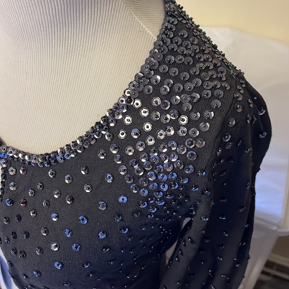 Charcoal gray soft short cardigan sweater with sequins and beads, small